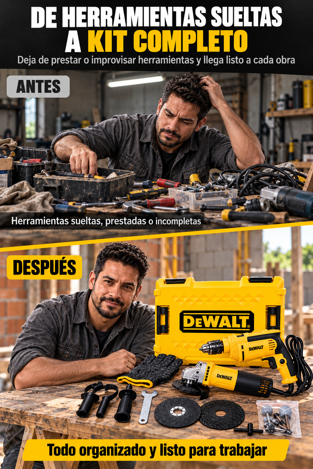 Kit Taladro Pulidora Dewalt – 2 TRANSFORMACIÓN (ANTES / DESPUÉS)