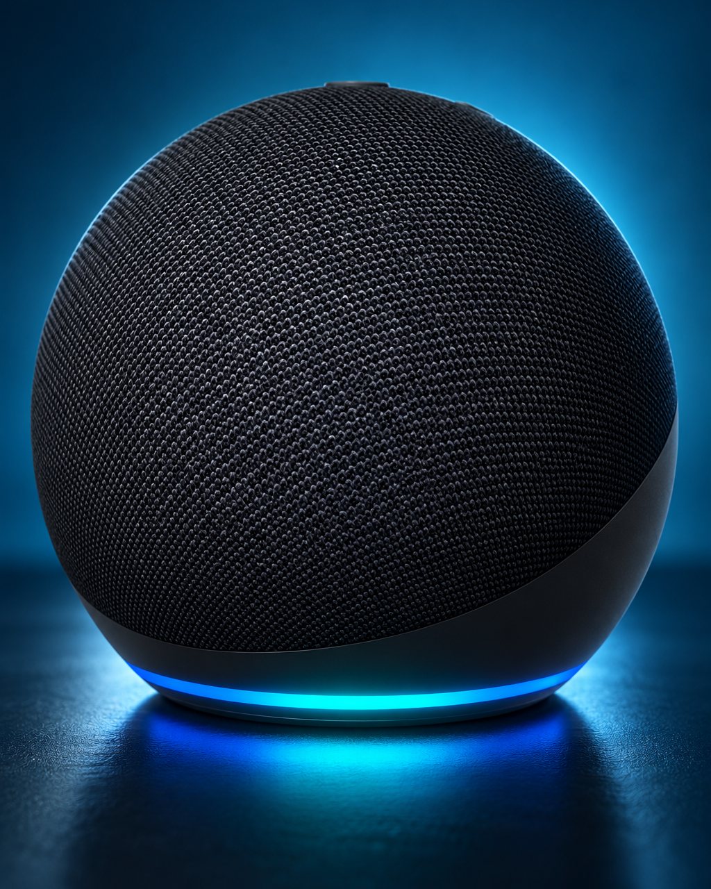 Detalle del Echo Dot con su anillo de luz encendido