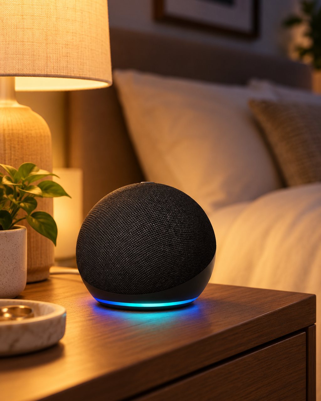 Echo Dot en una habitación con luz cálida