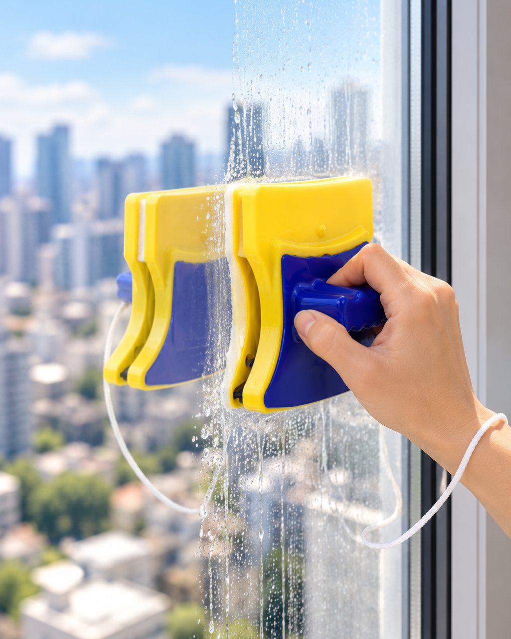 Limpia Vidrios Magnético en uso sobre una ventana